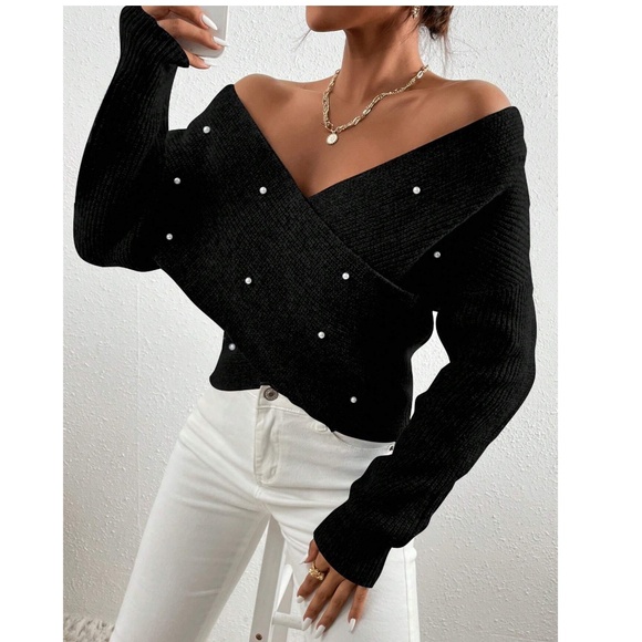 Luxe Faux Pearl Wrap Off Shoulder Sweater Top - Picture 1 of 7